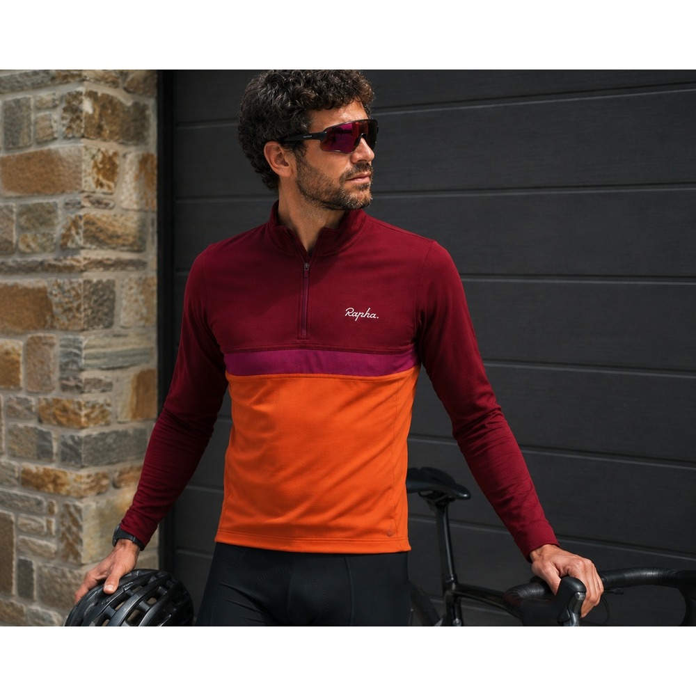 Rapha Wool Blend Long Sleeve Club Jersey Quarter Half‎ Zip Maroon Orange Small